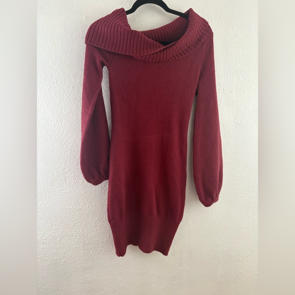 Bebe off the shoulder long bubble sleeve bodycon wine sweater dress size S